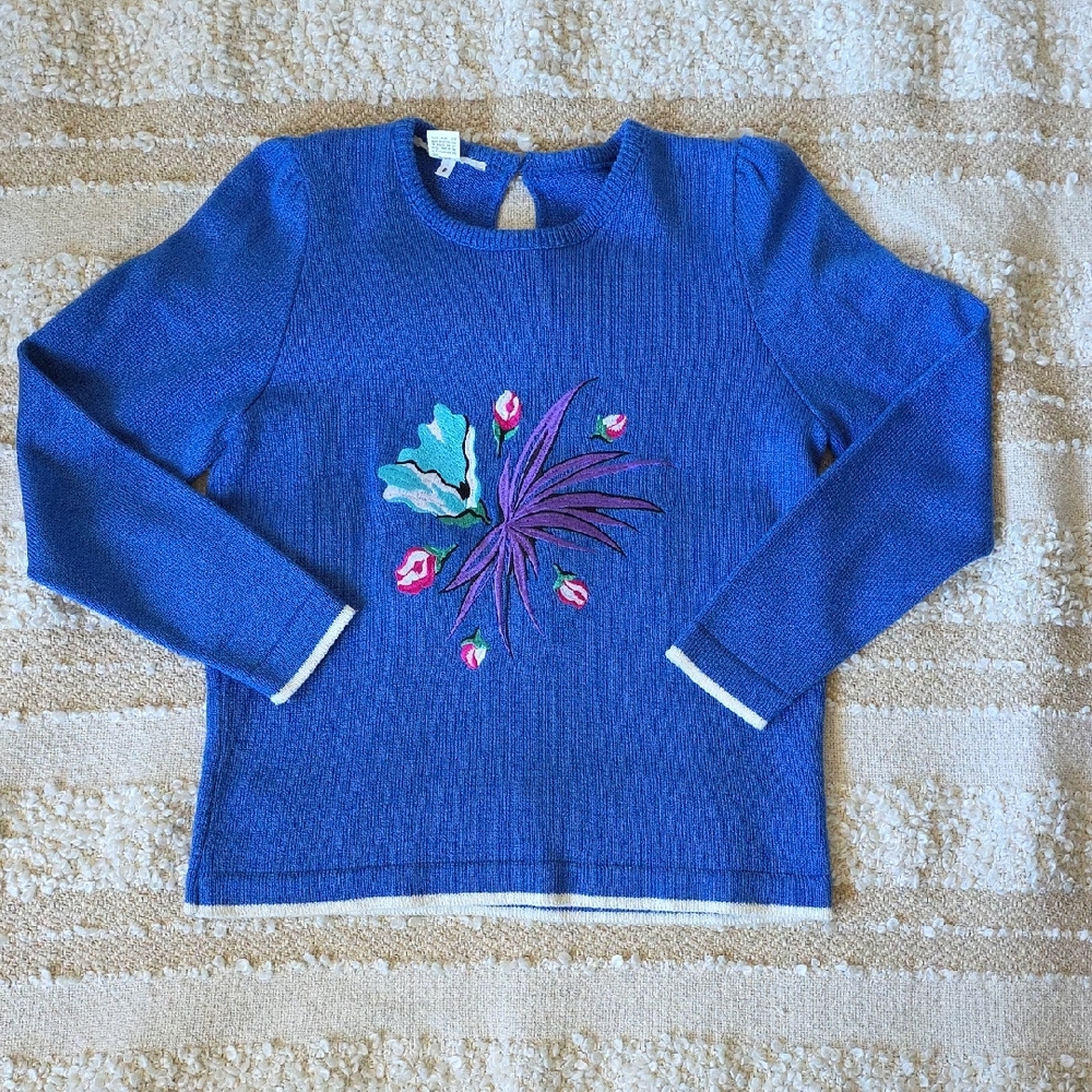 VIVANTI Vintage Blue Floral Embroidered Women's Sweater Small Size 6